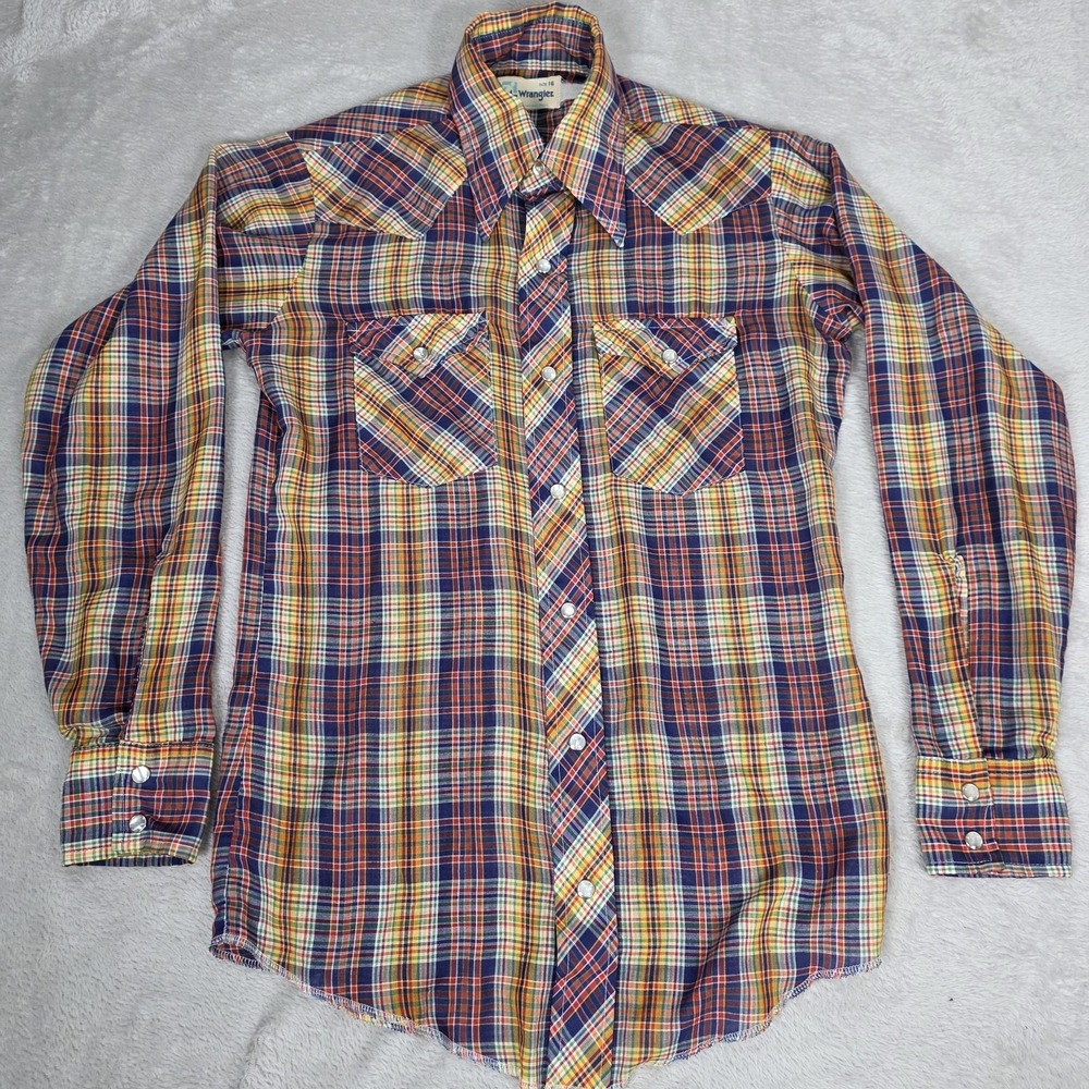 VINTAGE‎ Wrangler Shirt Mens Large Plaid Western Pearl Snap Cowboy Rodeo 70s